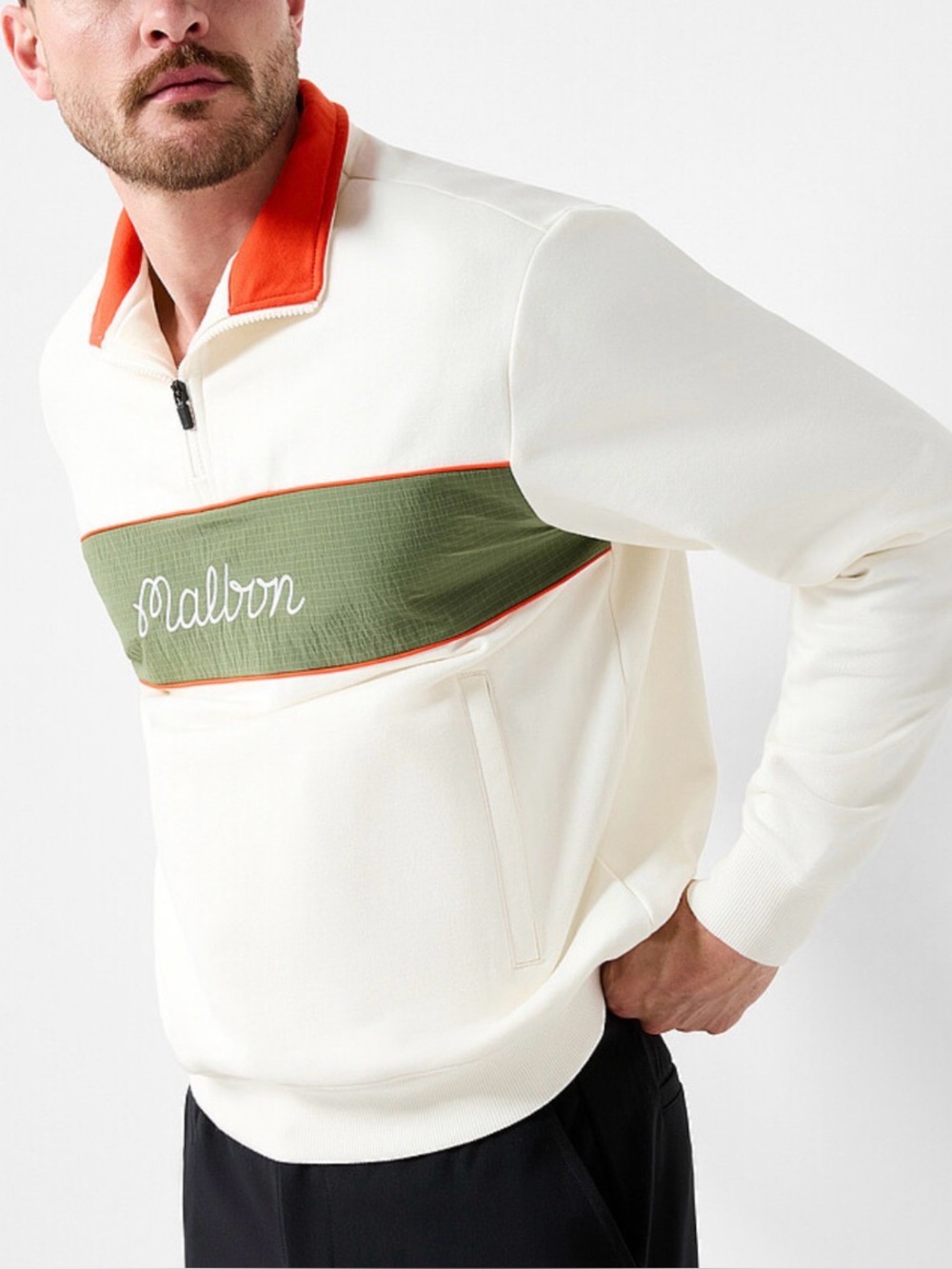 NWOT! Malbon Color Block Quarter-Zip Pullover in Cream & Green
